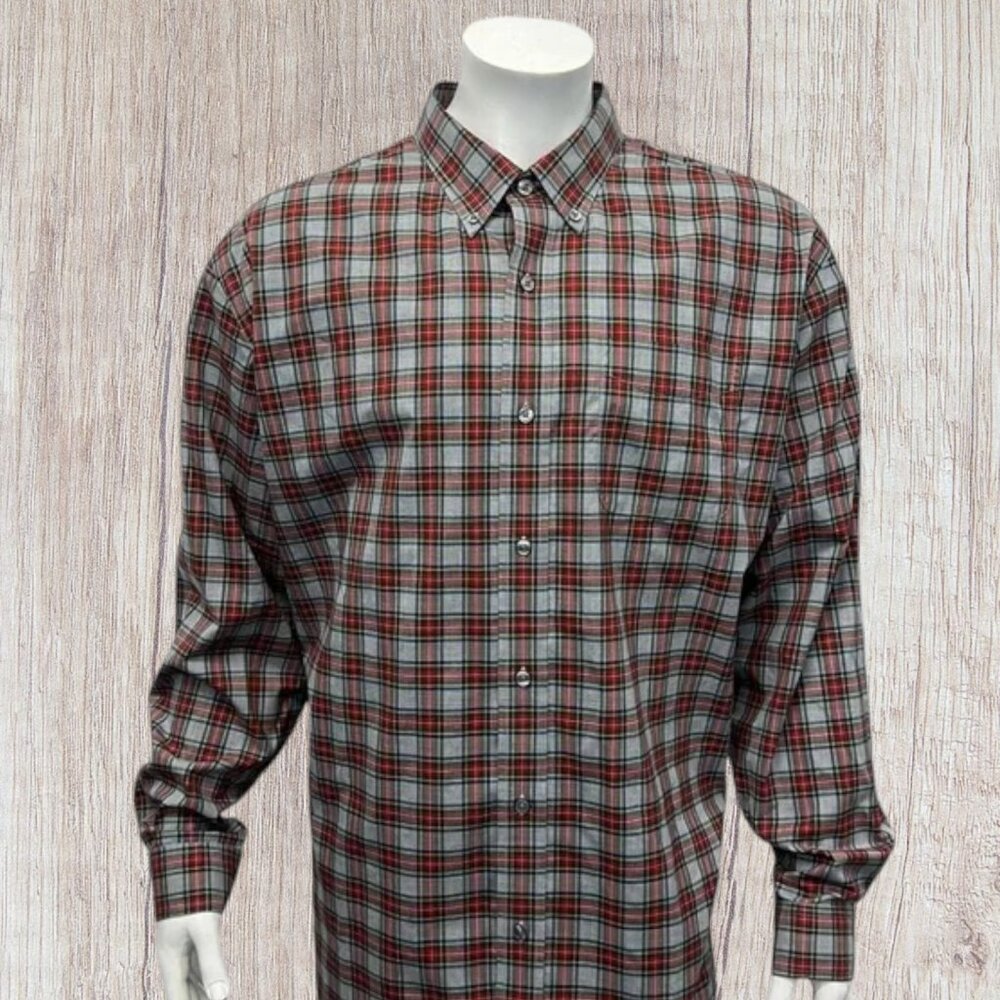 LL Bean Gray Red Green Blue Check Button Front Traditional Fit Mens Shirt XXL